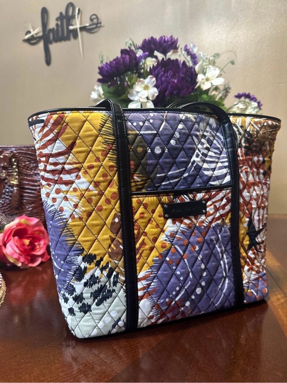 Vera Bradley Quilted Tote in Purple, Mustard & Black